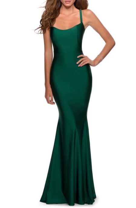  Lace Up Back Jersey Mermaid Gown in Emerald at Nordstrom   