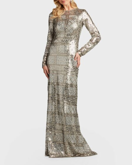 Long-Sleeve A-Line Sequin Gown