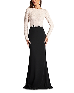  Long Sleeve Corded Lace Crepe Gown