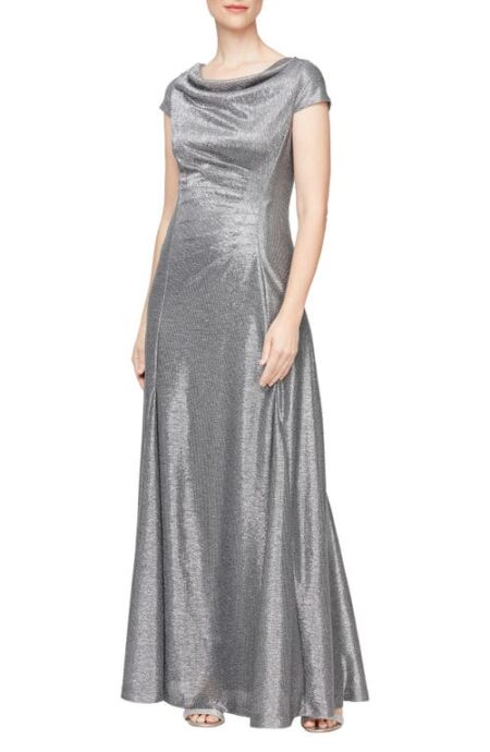  Metallic Cap Sleeve A-Line Gown in Smoke at Nordstrom   