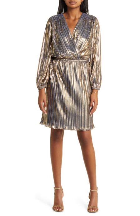  Metallic Pleated Long Sleeve Cocktail Dress in Gold at Nordstrom   