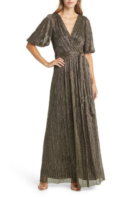  Metallic Puff Sleeve Faux Wrap Maxi Dress in Gold at Nordstrom   