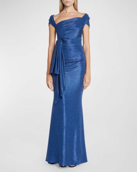 Mirrorball Draped Off-Shoulder Gown