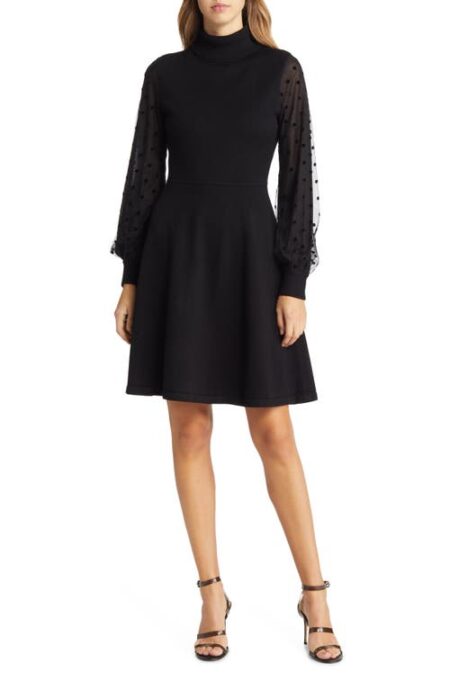  Mixed Media Long Sleeve Fit & Flare Dress in Black at Nordstrom  X-Small