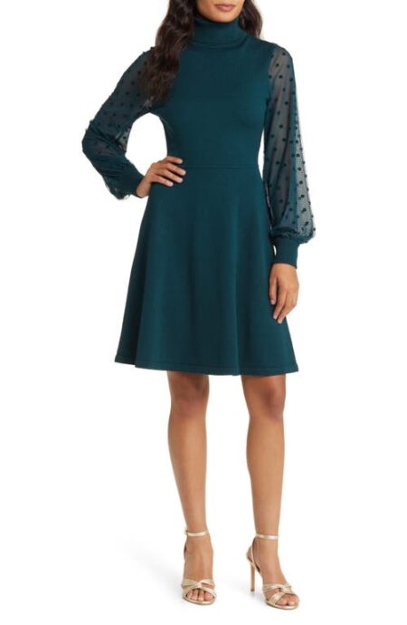  Mixed Media Long Sleeve Fit & Flare Dress in Spruce at Nordstrom  Small