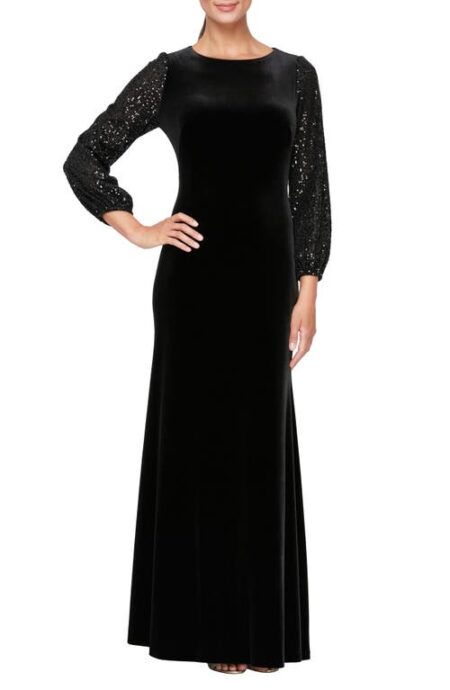  Mixed Media Sequin & Velvet Long Sleeve Gown in Black at Nordstrom   