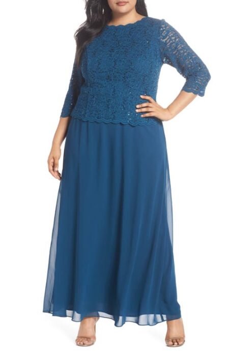  Mock Two-Piece A-Line Gown in Peacock at Nordstrom   W