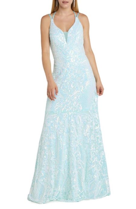 Morgan & Co. Sequin Flare Hem Gown in Mint at Nordstrom   