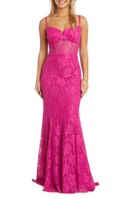 Morgan & Co. Sleeveless Lace Corset Mermaid Gown in Hot Pink at Nordstrom   
