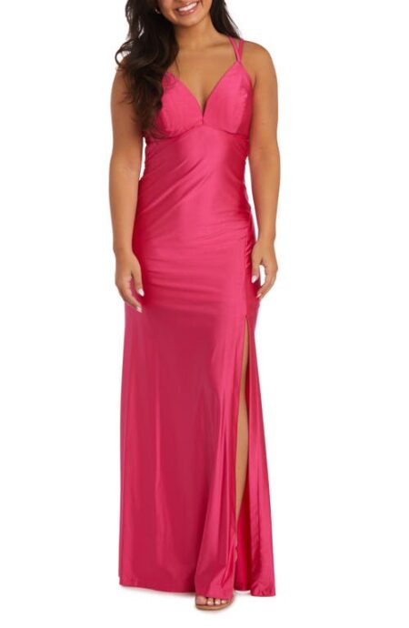 Morgan & Co. Stretch Satin Evening Gown in Hot Pink at Nordstrom   