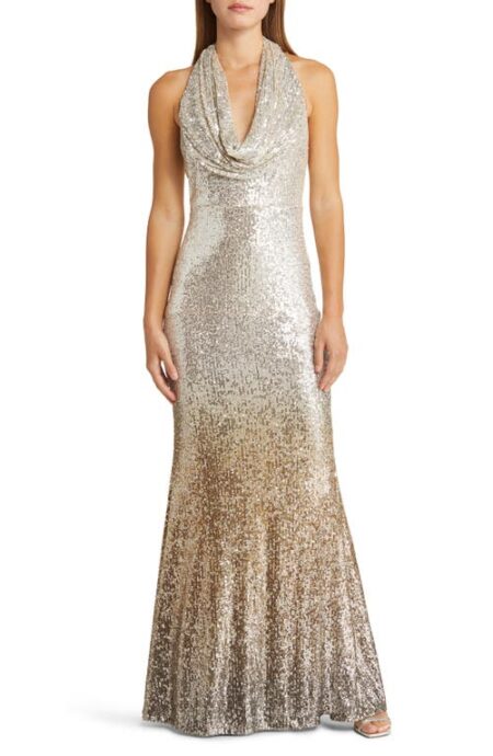  Ombré Sequin Cowl Halter Neck Gown in Silver Gold at Nordstrom   