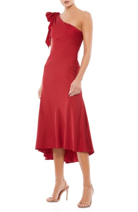  One-Shouder Bow Satin Midi A-Line Dress in Deep Red at Nordstrom   