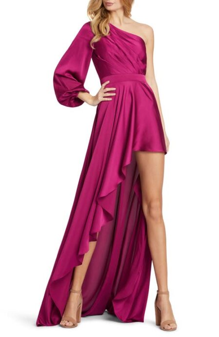  One-Shoulder Long Sleeve Satin High/Low Gown in Berry at Nordstrom   