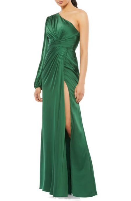  One-Shoulder Ruched Satin Gown in Emerald at Nordstrom   