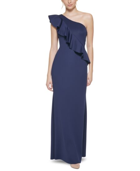  One-Shoulder Ruffled Gown Navy