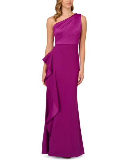  One-Shoulder Satin-Trim Draped Gown Wild Orchid
