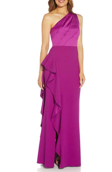  One-Shoulder Satin & Crepe Gown in Wild Orchid at Nordstrom   