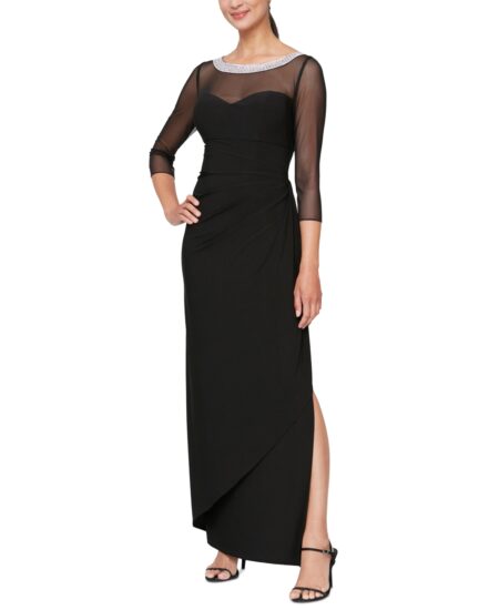  Petite / -Sleeve Illusion Ruffled Gown Black