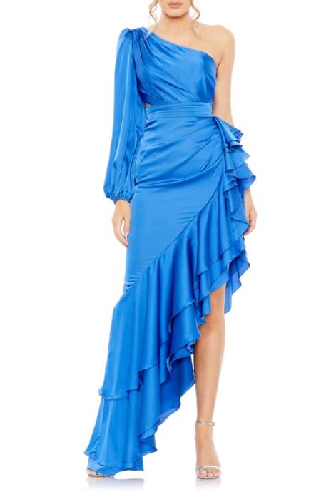 Pleated Cascade Detail One-Shoulder Satin A-Line Gown in Cobalt at Nordstrom   