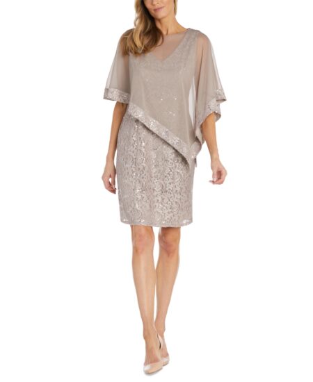 R & M Richards Petite Sequined Lace Poncho Dress Champagne