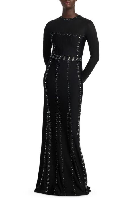  Rhinestone Studded Long Sleeve Knit Gown in Black at Nordstrom   