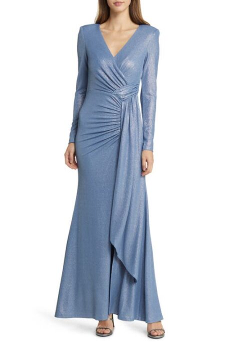  Ruched Metallic Side Drape Long Sleeve Gown in Blue at Nordstrom   