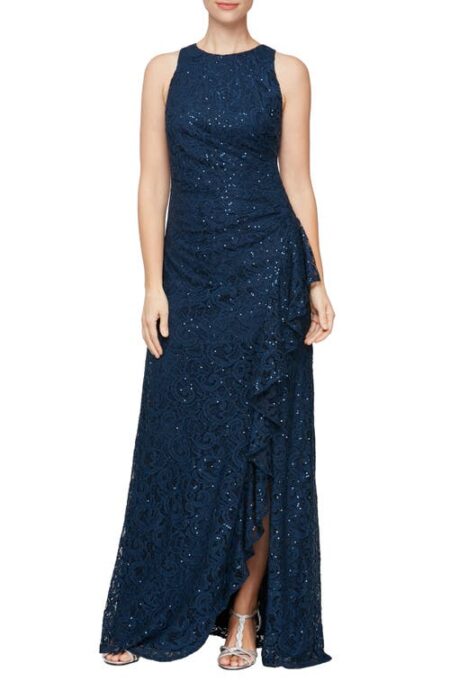  Ruffle Sequin Lace Gown in Navy at Nordstrom   