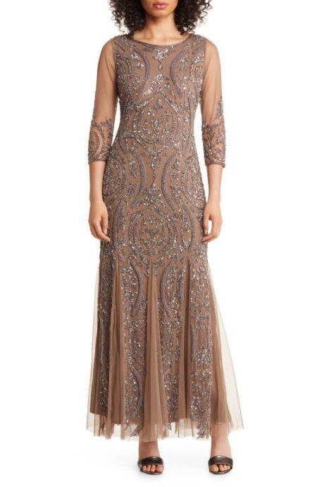  Sequin Beaded Illusion Mesh Three-Quarter Sleeve Gown in Mocha at Nordstrom   