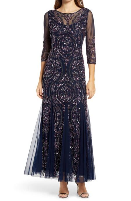  Sequin Beaded Illusion Mesh Three-Quarter Sleeve Gown in Navy at Nordstrom   