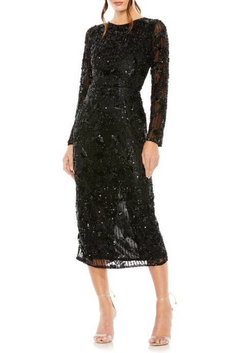  Sequin Beaded Long Sleeve Cocktail Midi Dress in Black at Nordstrom   