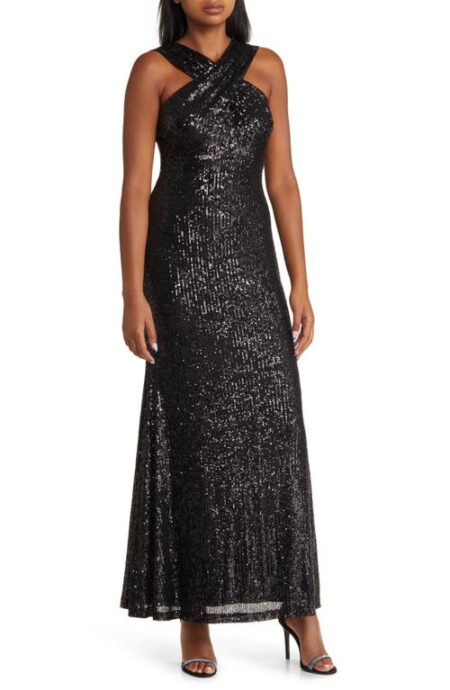  Sequin Cross Front Gown in Black at Nordstrom   