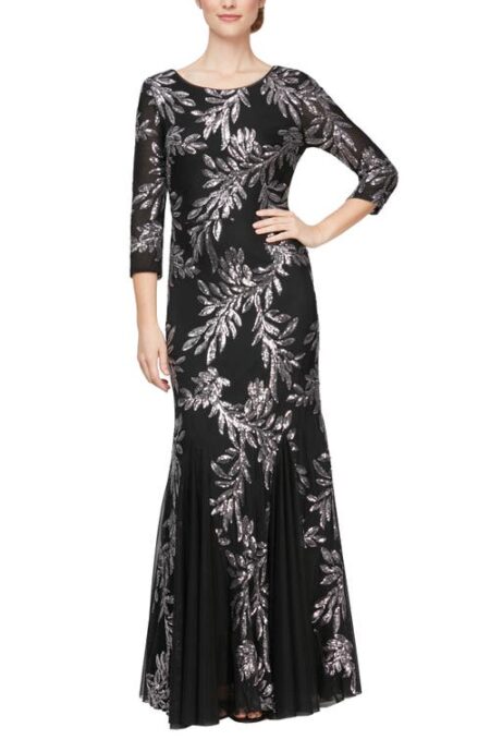 Sequin Embroidered Trumpet Gown in Black/Pewter at Nordstrom   