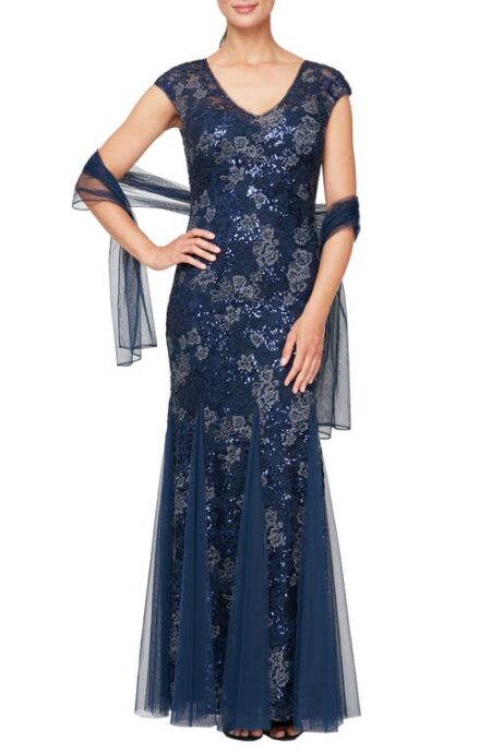  Sequin Embroidered Trumpet Gown in Navy at Nordstrom   