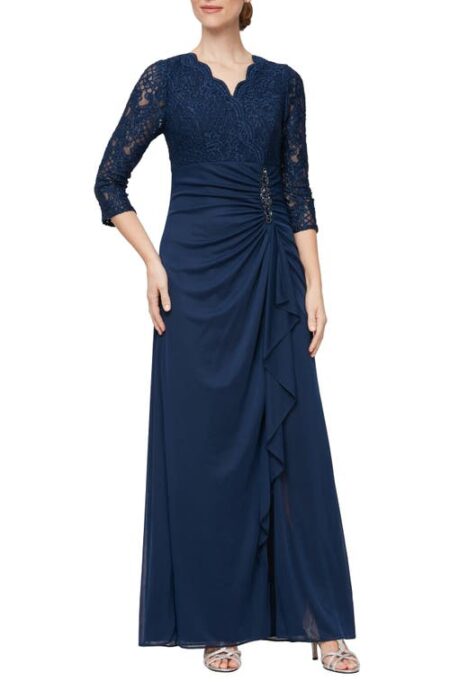  Sequin Embroidery Empire Waist Gown in Navy at Nordstrom   P