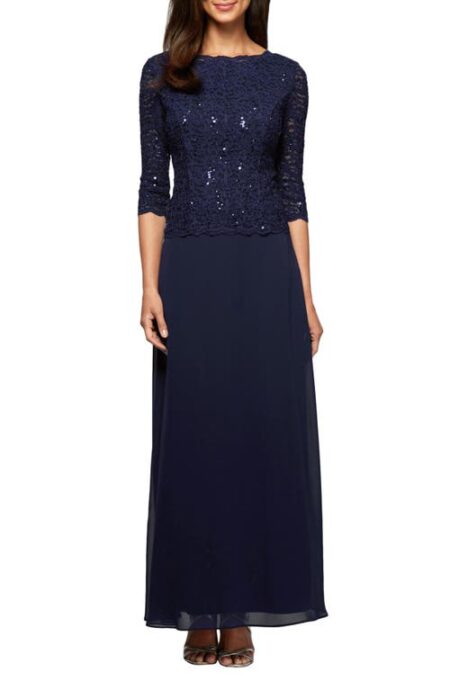  Sequin Lace & Chiffon Gown in Navy at Nordstrom   P