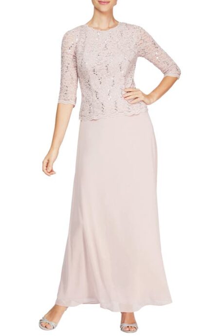  Sequin Lace & Chiffon Gown in Shell Pink at Nordstrom   P