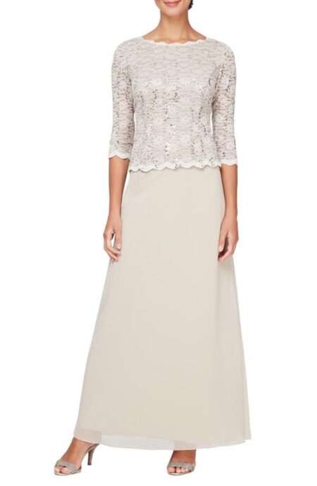  Sequin Lace & Chiffon Gown in Taupe at Nordstrom   