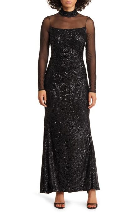  Sequin Mesh Lace Long Sleeve Gown in Black at Nordstrom   