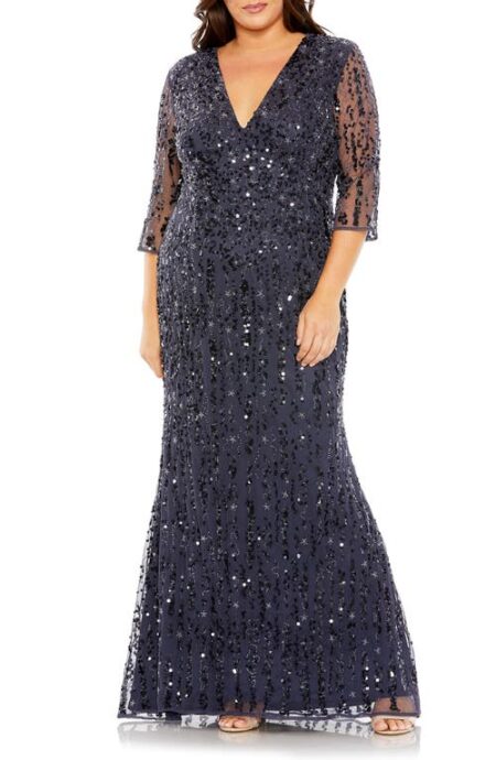  Sequin Mesh Sleeve Gown in Midnight at Nordstrom   W