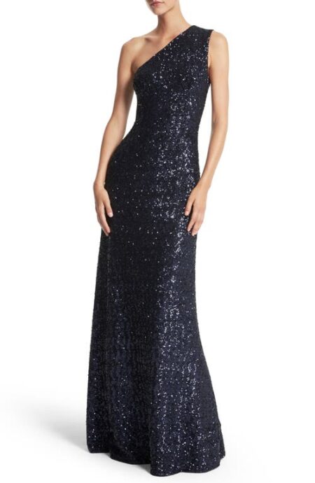  Sequin One Shoulder A-Line Gown in Navy at Nordstrom   