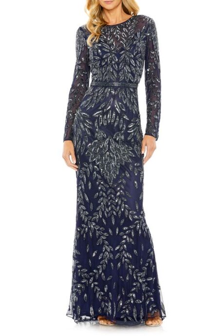  Sequin Overlay Long Sleeve Gown in Midnight at Nordstrom   