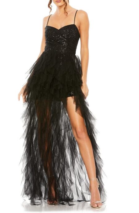  Sequin Ruffle Tulle Gown in Black at Nordstrom   