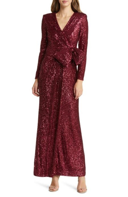  Sequin Wrap Front Long Sleeve Gown in Ruby Red at Nordstrom   