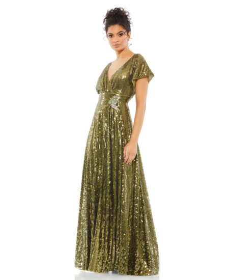 Sequined Butterfly Sleeve Wrap Over A Line Gown Olive