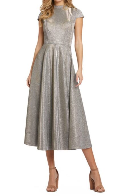  Sparkle Pleated Cap Sleeve Midi Fit & Flare Dress in Silver at Nordstrom   