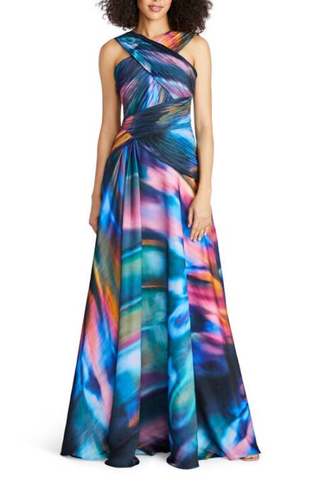  Stacy Abstract Print Crossover Neck Faux Wrap Gown in Luminous Wings at Nordstrom   