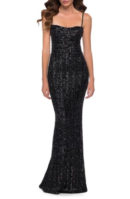  Stripe Pattern Sequin Evening Gown in Black at Nordstrom   