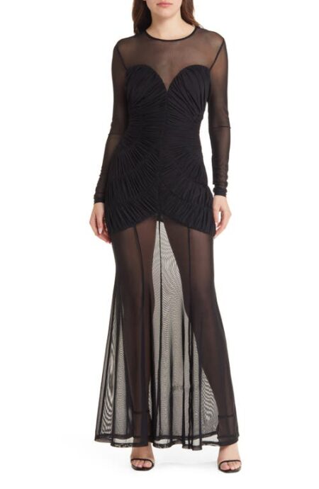  Talitha Smocked Mesh Long Sleeve Gown in Black at Nordstrom  Medium