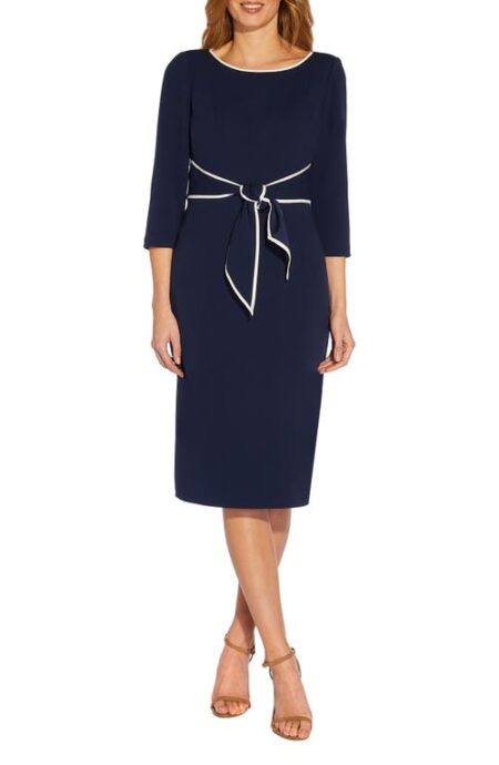  Tipped Three-Quarter Sleeve Crepe Dress in Navy Sateen/Ivory at Nordstrom   