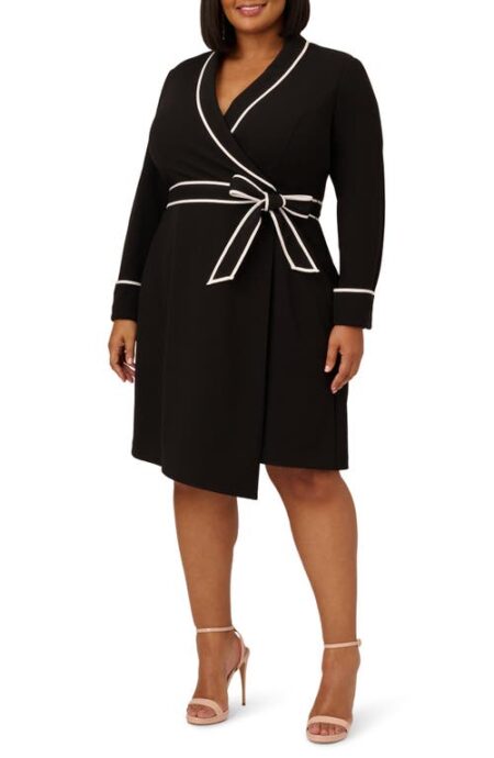  Tipped Tux Belted Long Sleeve Crepe Dress in Black/Ivory at Nordstrom   W
